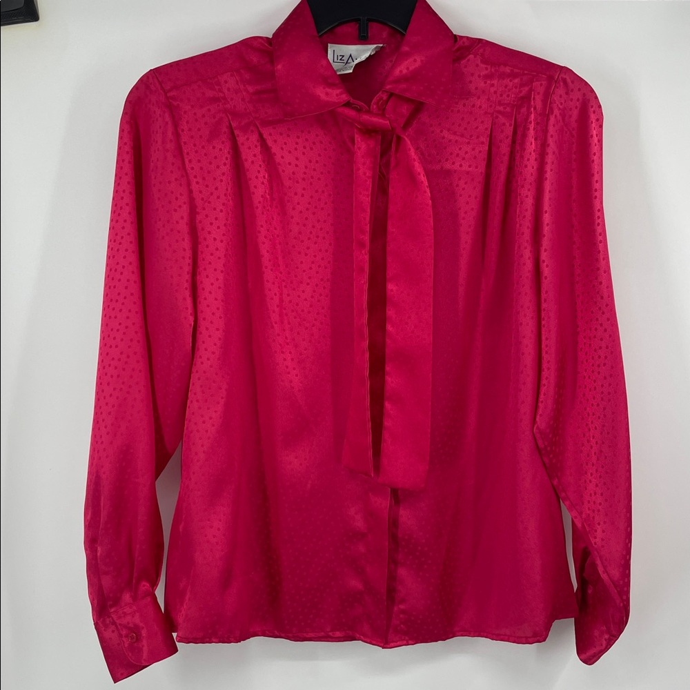 Vintage Liz Allen Jacquard Magenta Polka Dot Tie Neck Blouse Size 12